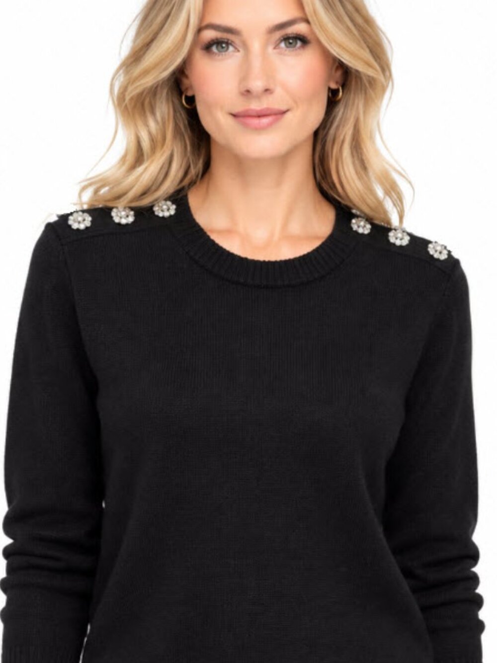 J.Crew Black Wool Jeweled Shoulder Crewneck Sweater XL Preppy Chic Quiet Luxury